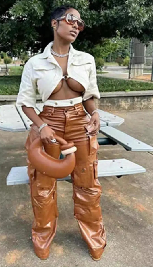 Patchwork Solid Color Baggy Stacked PU Leather Wide Leg Women's Cargo Pocketed Pants