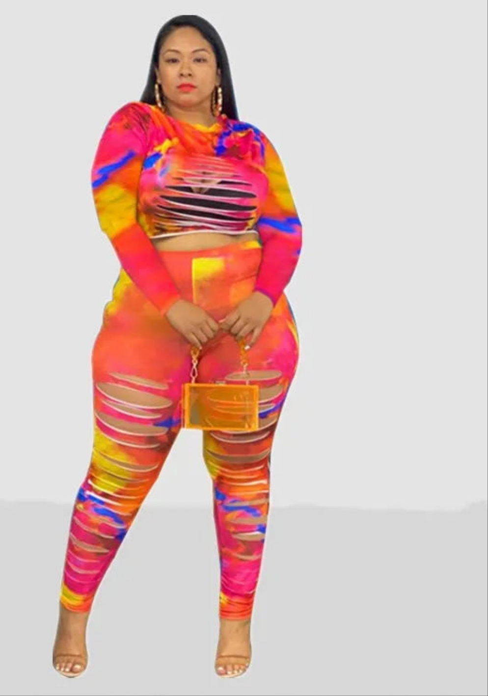 Tie-Dye Ripped Hollow-Out Long Sleeve Crop Top + Matching Leggings 2-Piece Set to 5X Plus Size