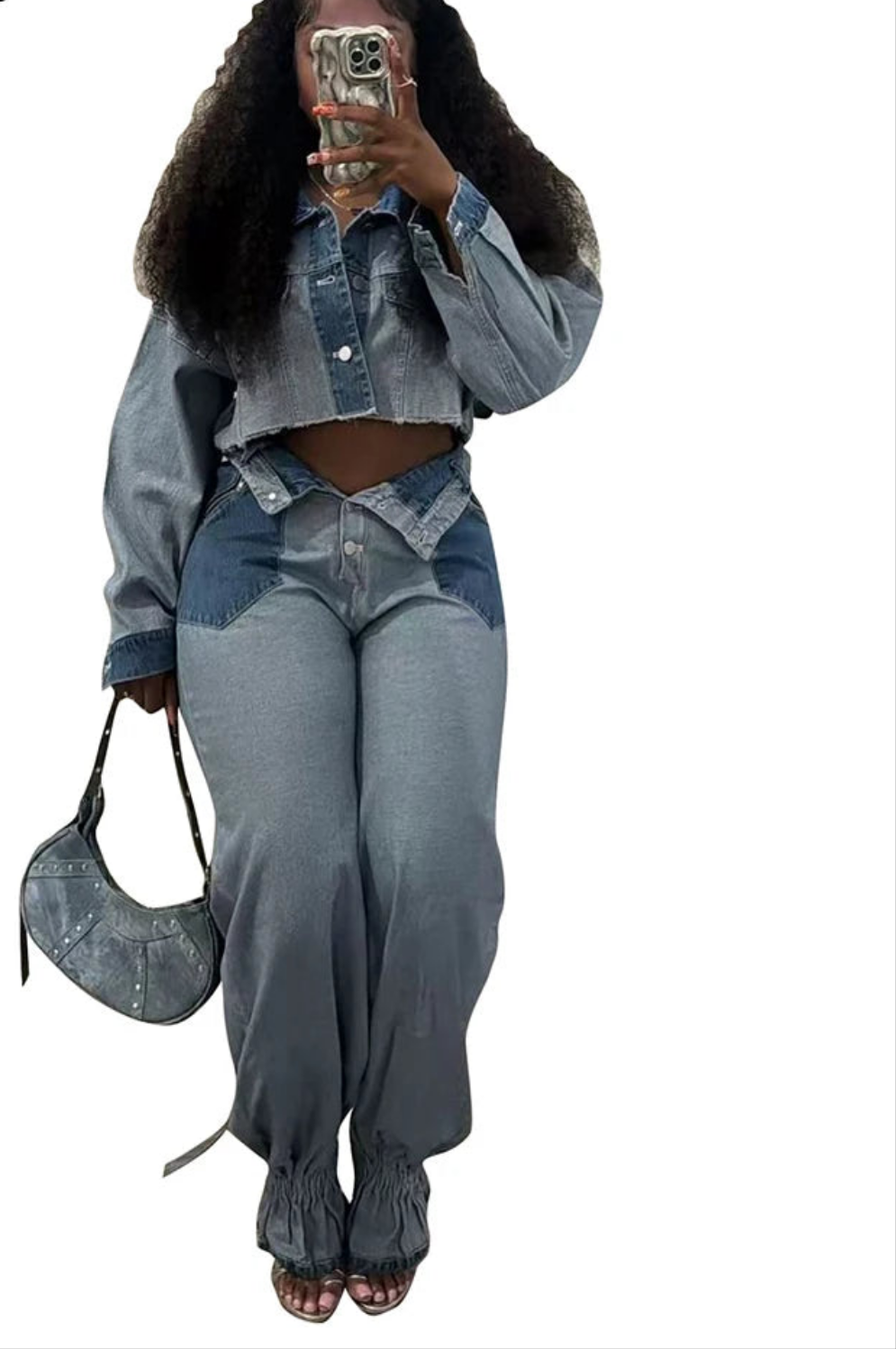 Denim Streetwear Blue Patchwork Women's Long Sleeve Crop Tops + Flare Jeans 2-Piece Set