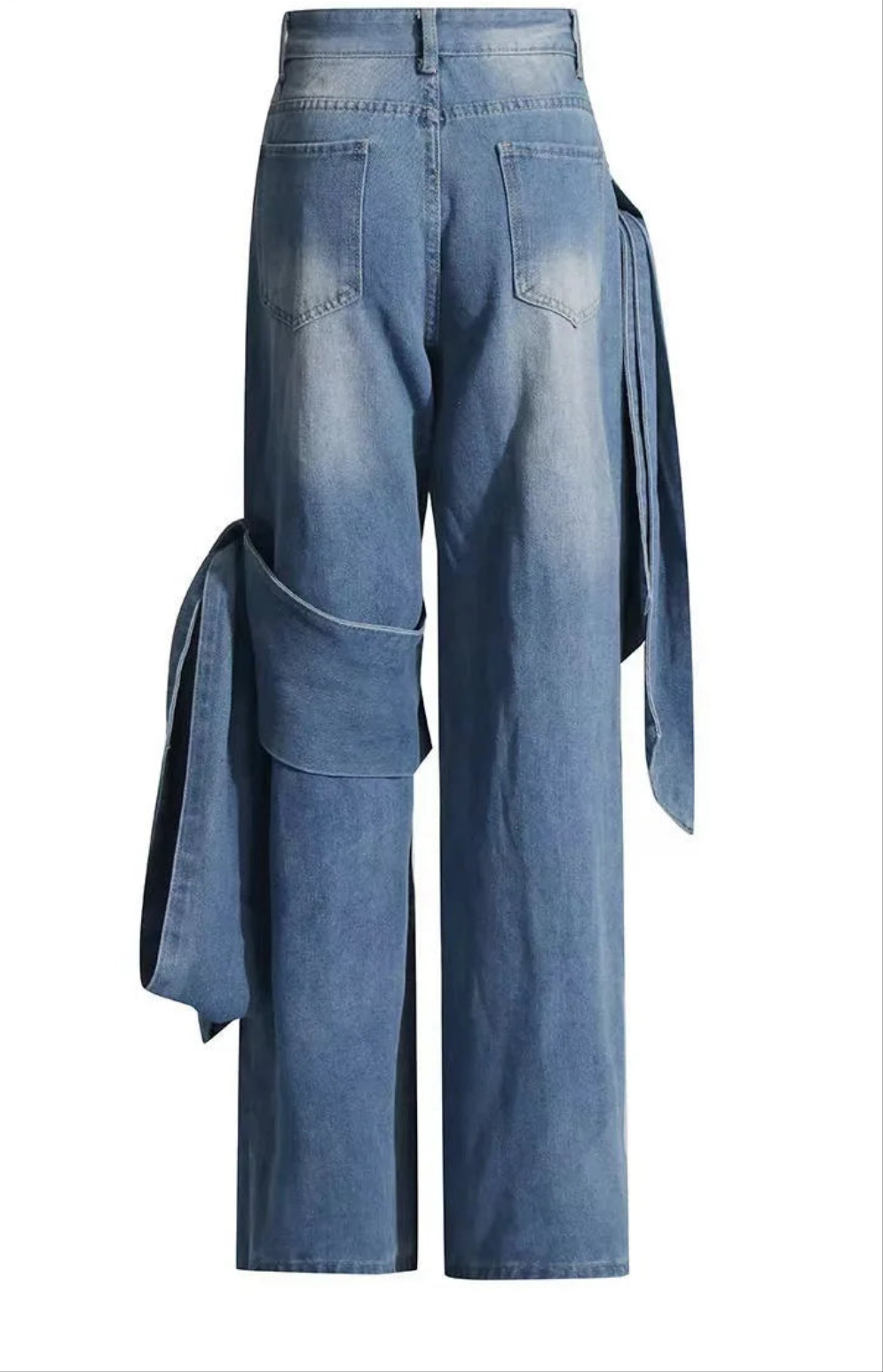 Irregular Denim Oversized Rose Bowstrap Design Women's Streetwear Zipper Fly Wide Leg Jeans