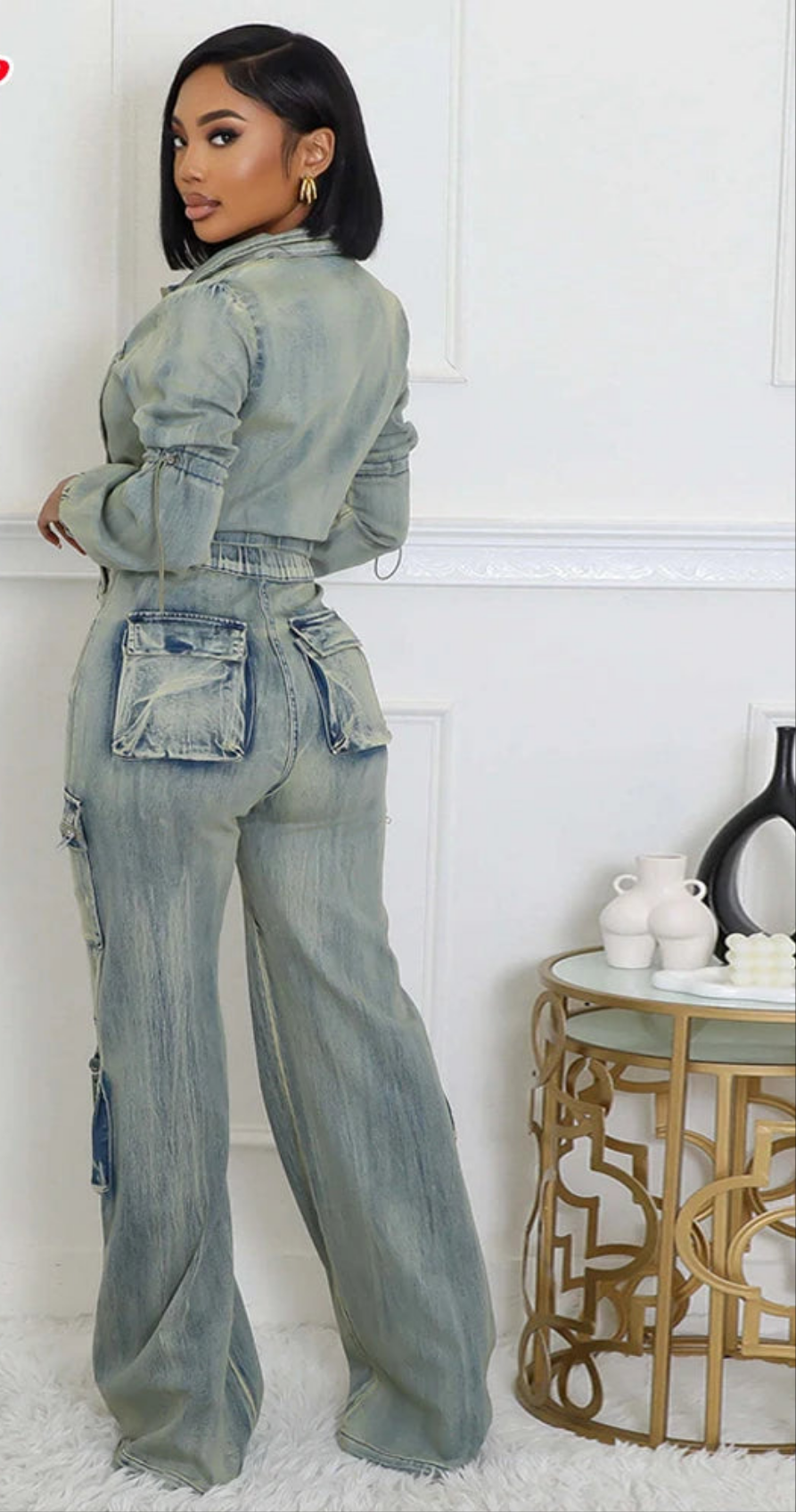 Stretch Denim Cropped Long Sleeve Strap Design Skinny Jean Jacket + Streetwear Cargo Pocket Jeans 2-Piece Set