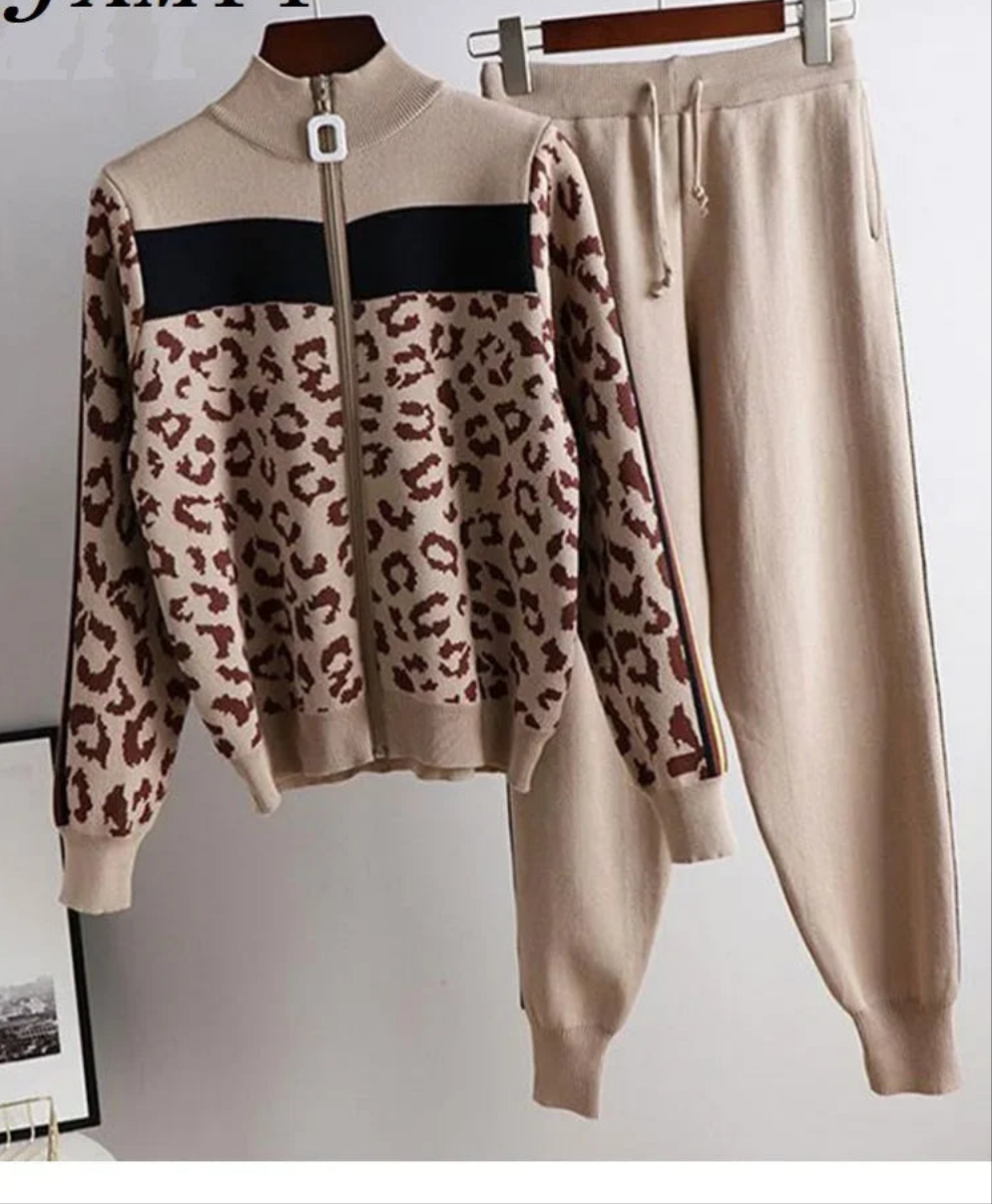 Leopard Colorblock Women's Zipper Cardigan Sweater + Knitted Side Striped Pants 2-Piece Set