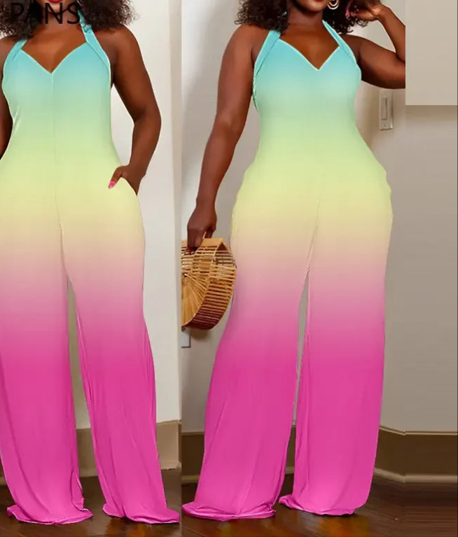 Gradient Colorblock Ombre Sleeveless Halter V-Neck Pocketed Loose Straight Leg Jumpsuit