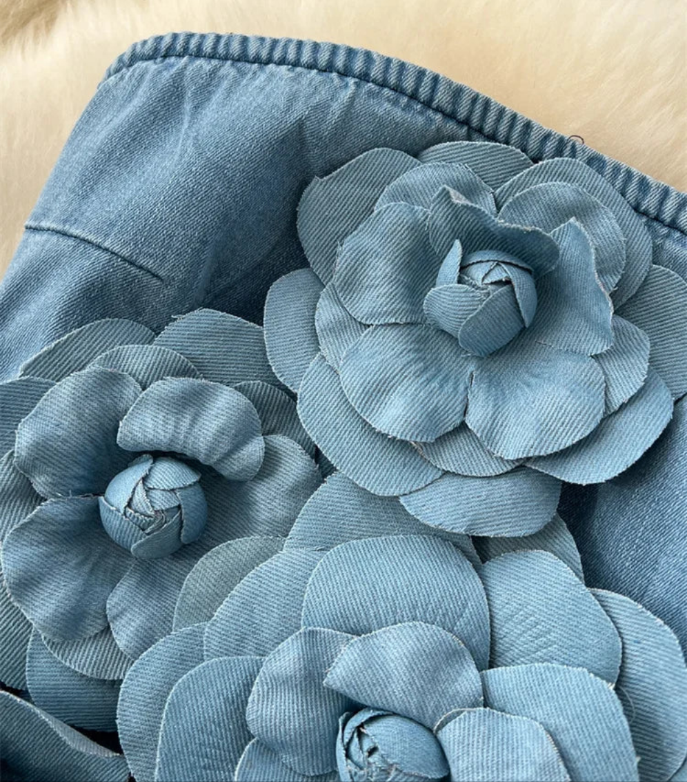 Baby Blue Sleeveless Denim 3D Big Flower Embroidered Tube Streetwear Jean Jumpsuit