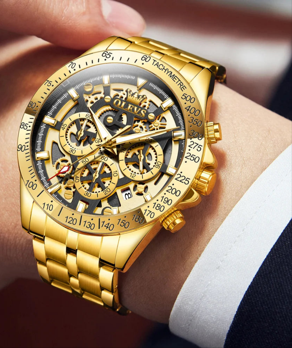 Men's Gold Stainless steel Chronograph Waterproof Luminous Quartz Watch