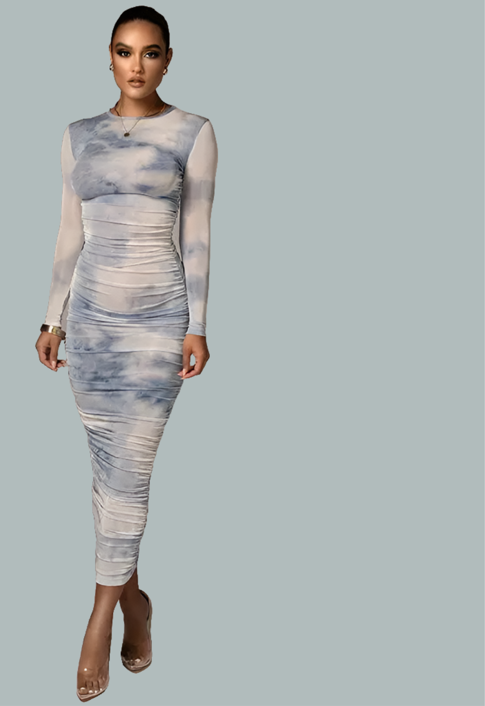 Tie-Dye Ruched Long Sleeve O-Neck Skinny Long Sleeve Maxi Dress