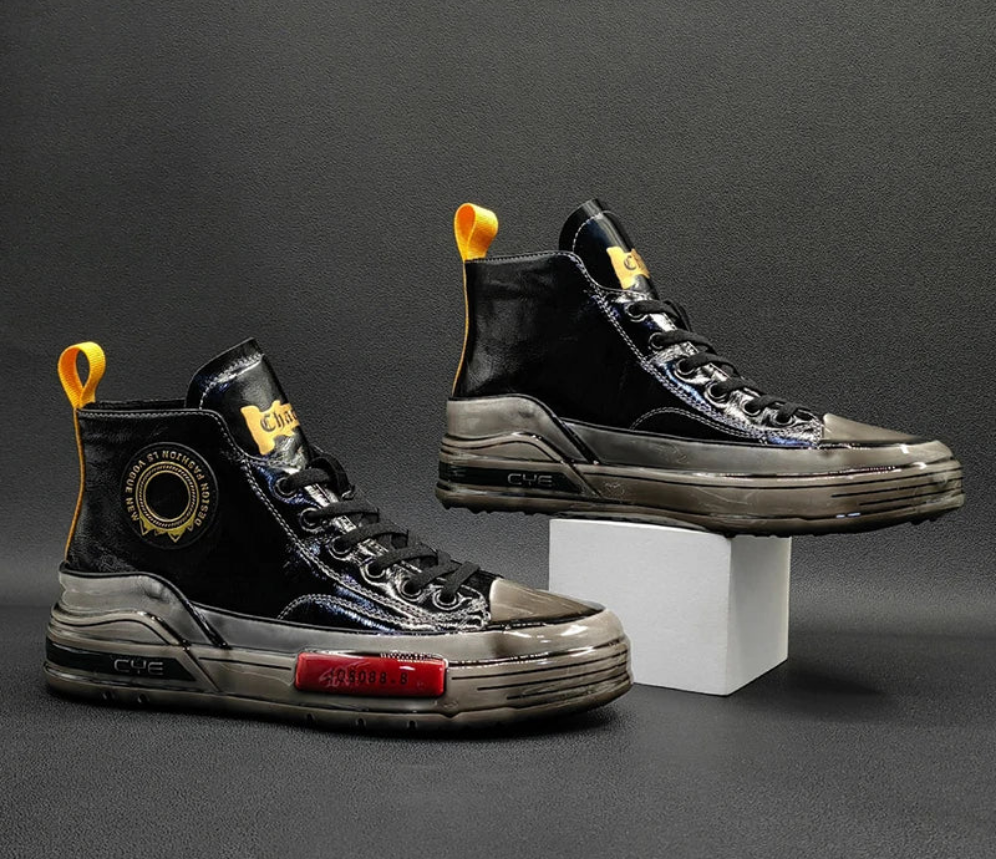 Men's Metallic Genuine Leather Rubber Sole Lace-Up Hightop Skater Sneakers
