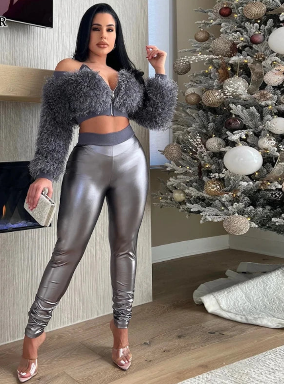 Faux Fur Slash Neck Crop Zipper Jacket + Metallic Faux Leather Leggings Women's 2-Piece Set