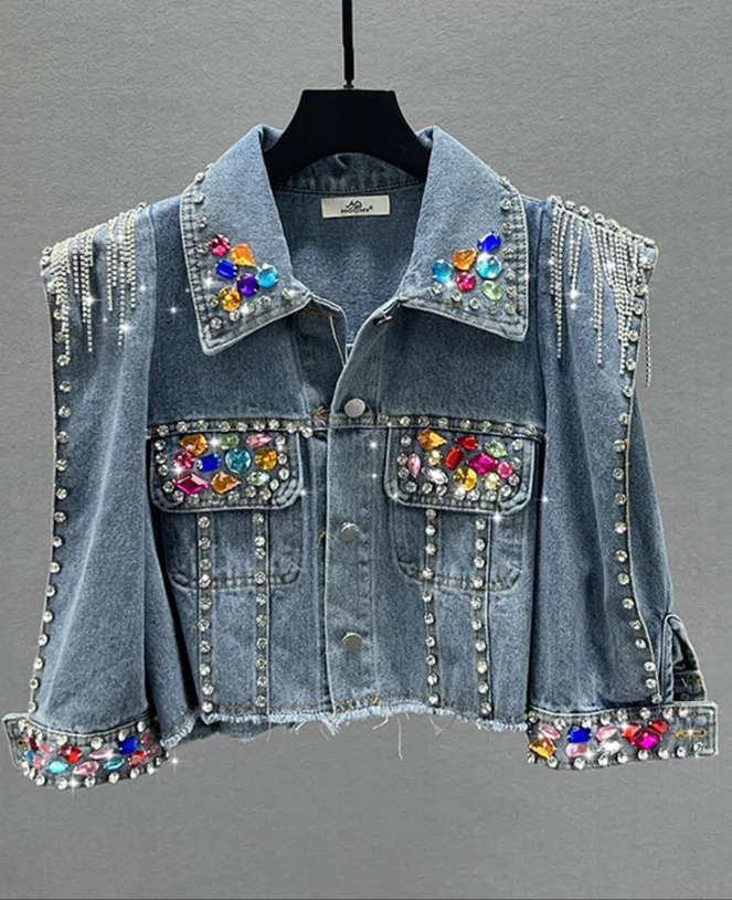 Tassel Embellished Crystal Rhinestone Rivet Diamond Denim Streetwear Jacket