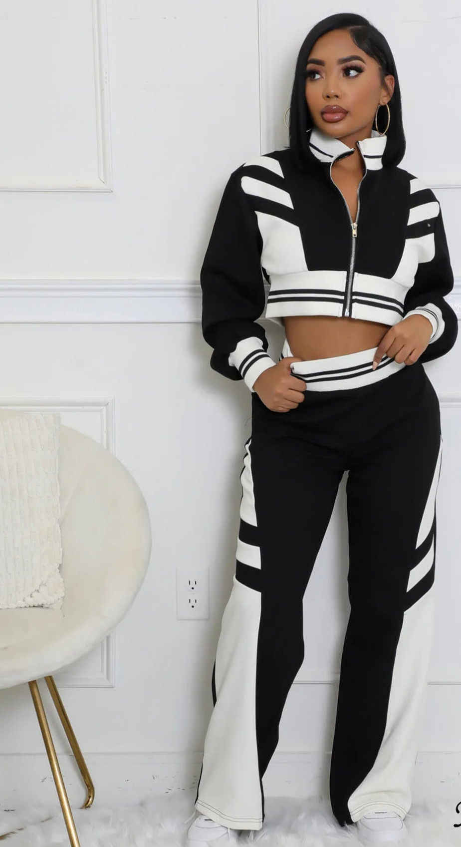 Striped Women's Colorblock Cropped Zipper Jacket + Matching Pants Tracksuit