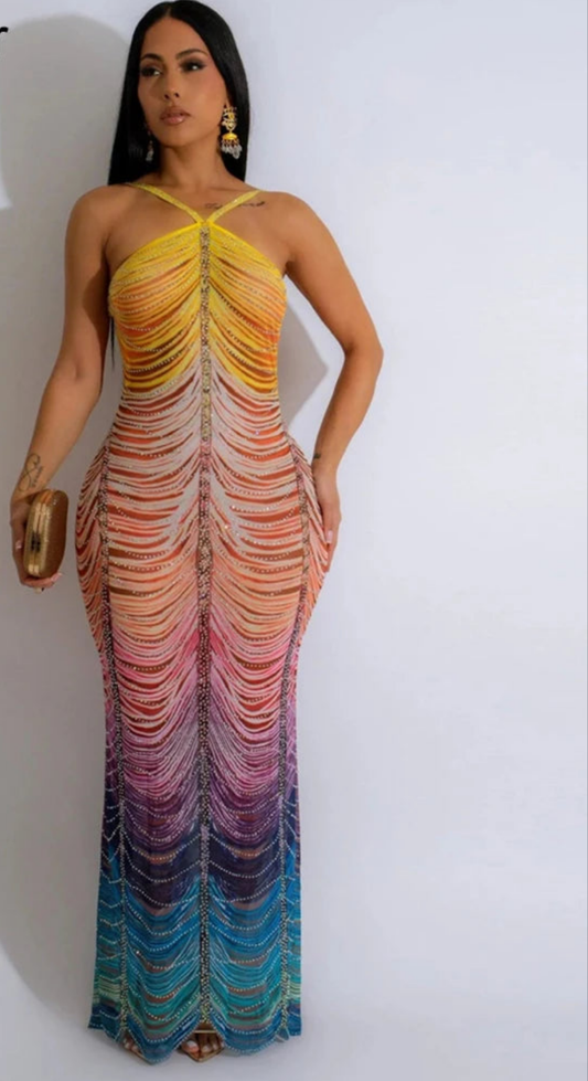 Rainbow Fringe Gradient Colorblock Rhinestone Tie-Dye Print Backless Sleeveless Formal Halter Maxi Dress