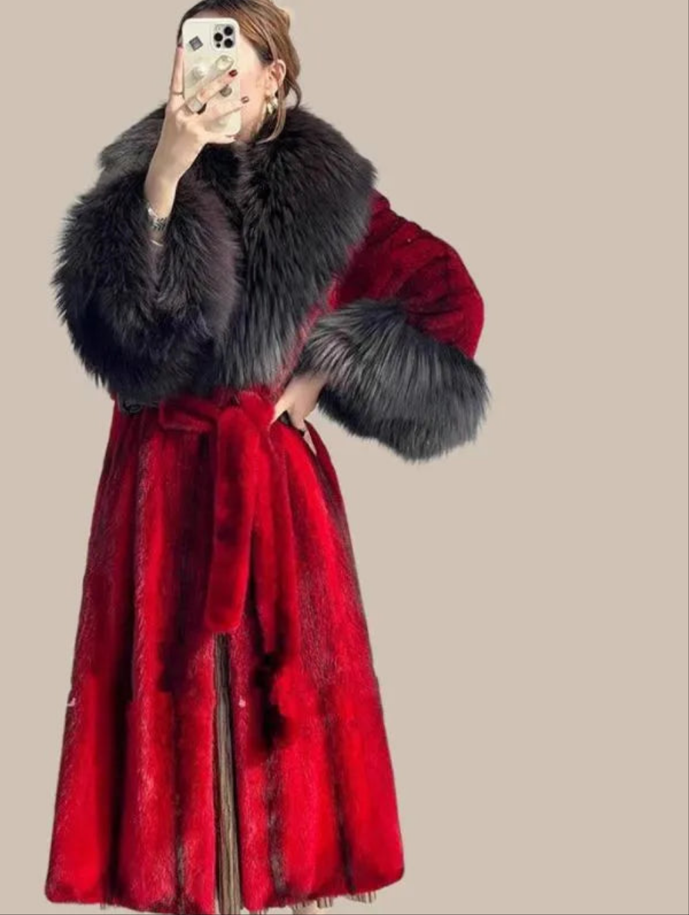 Oversized Faux Fur Collar Design Women's Adjustable Waist Trenchcoat