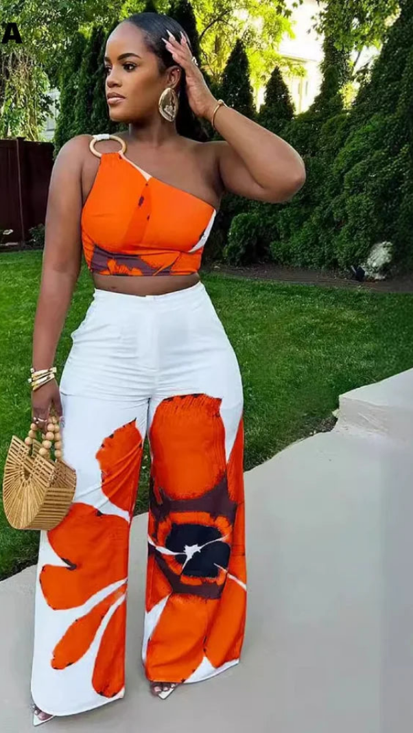 Orange/Pink Solid Sleeveless Asymmetrical One Shoulder Crop Top + Big Flower Design Wide Leg Pants Ladies 2-Piece Set