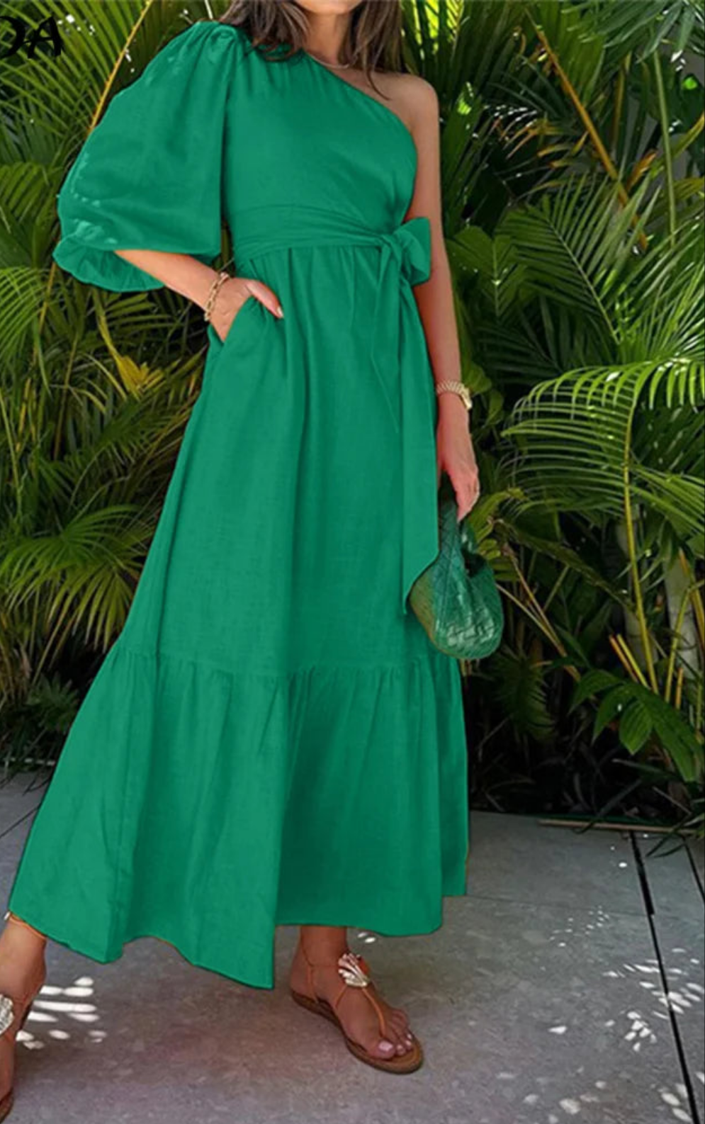 Bohemian Asymmetrical Solid Color One Shoulder Bandage 3/4 Sleeve Ruffled Maxi Dress to 5X