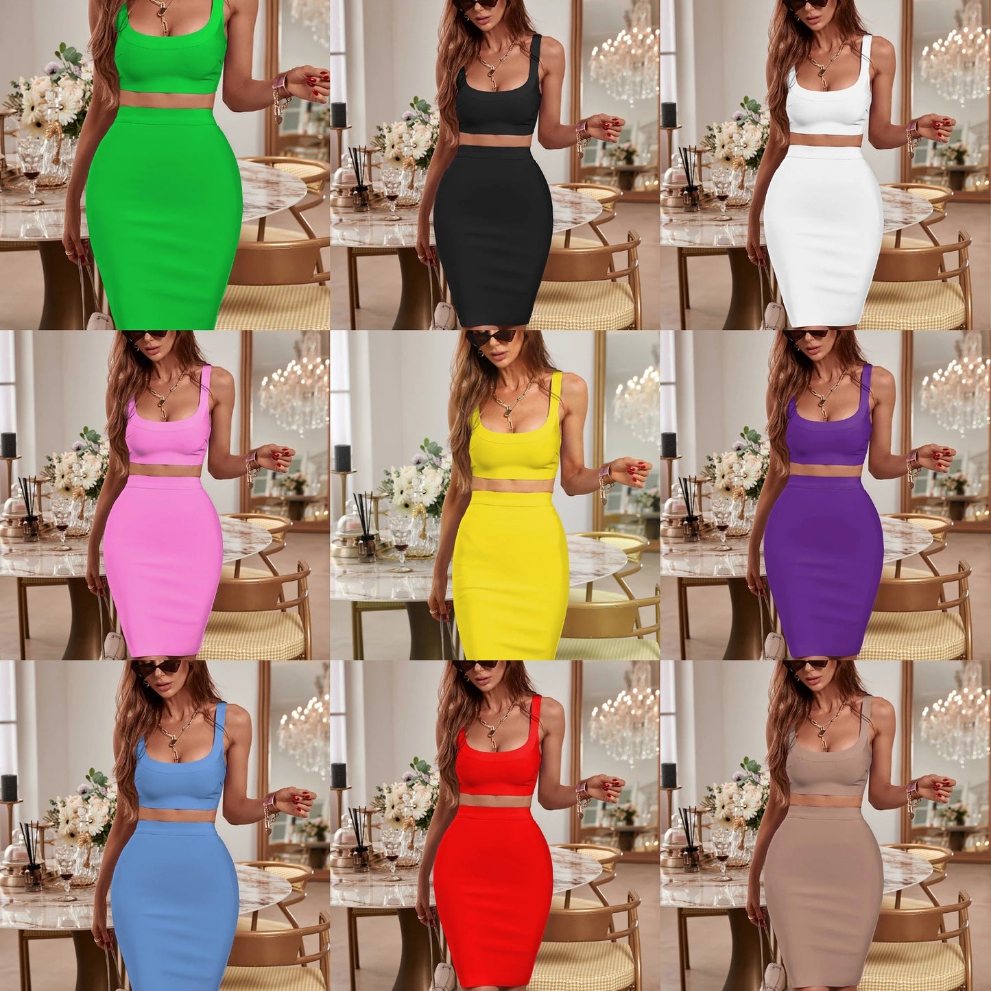 Designer Bandage Knitted Solid Crop Tank Top + Zipper Bodycon Midi Skirt 2-Piece Set