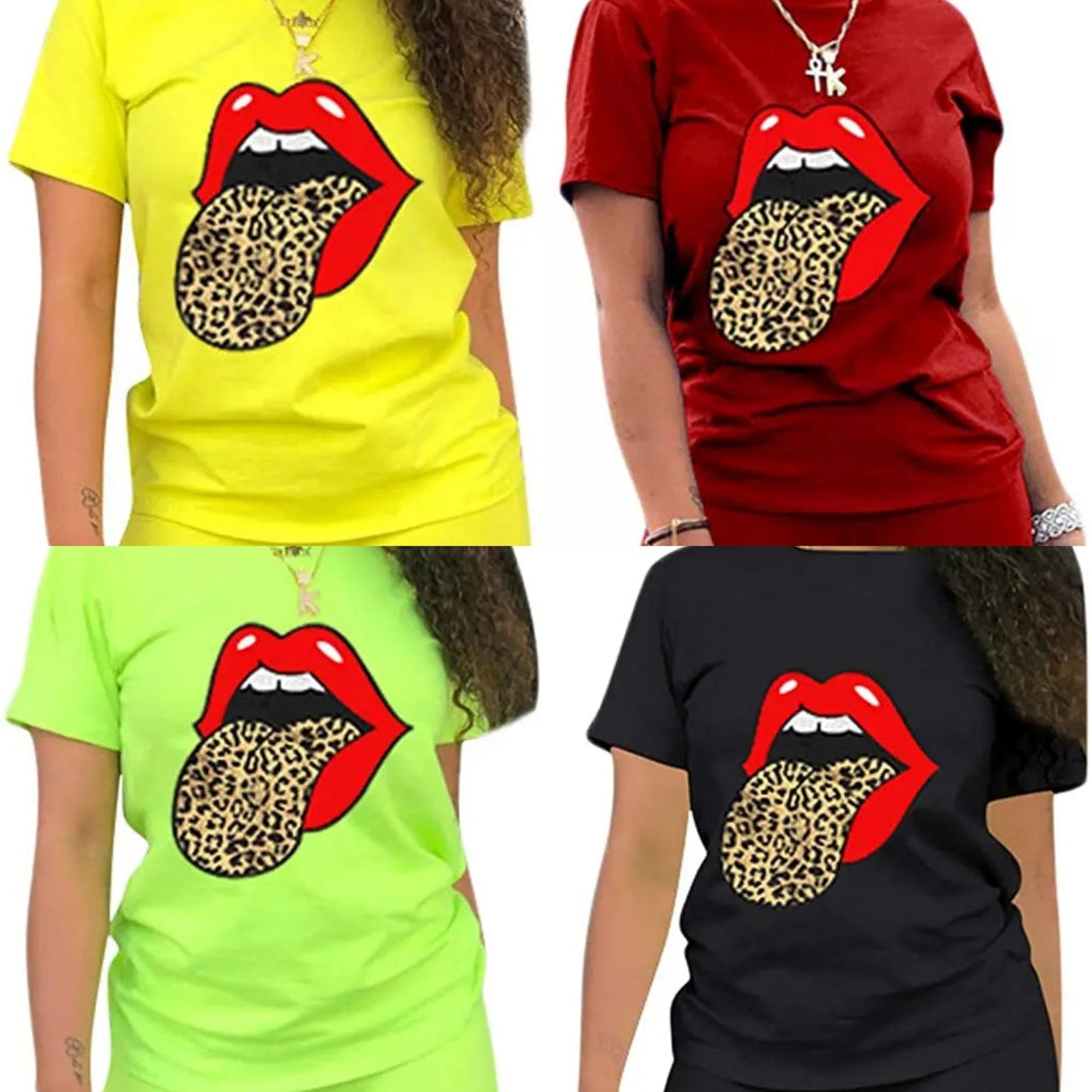 Red Lip w/ Leopard Tongue Print Ladies T-Shirt + Solid Biker Shorts 2-Piece Set to 3X