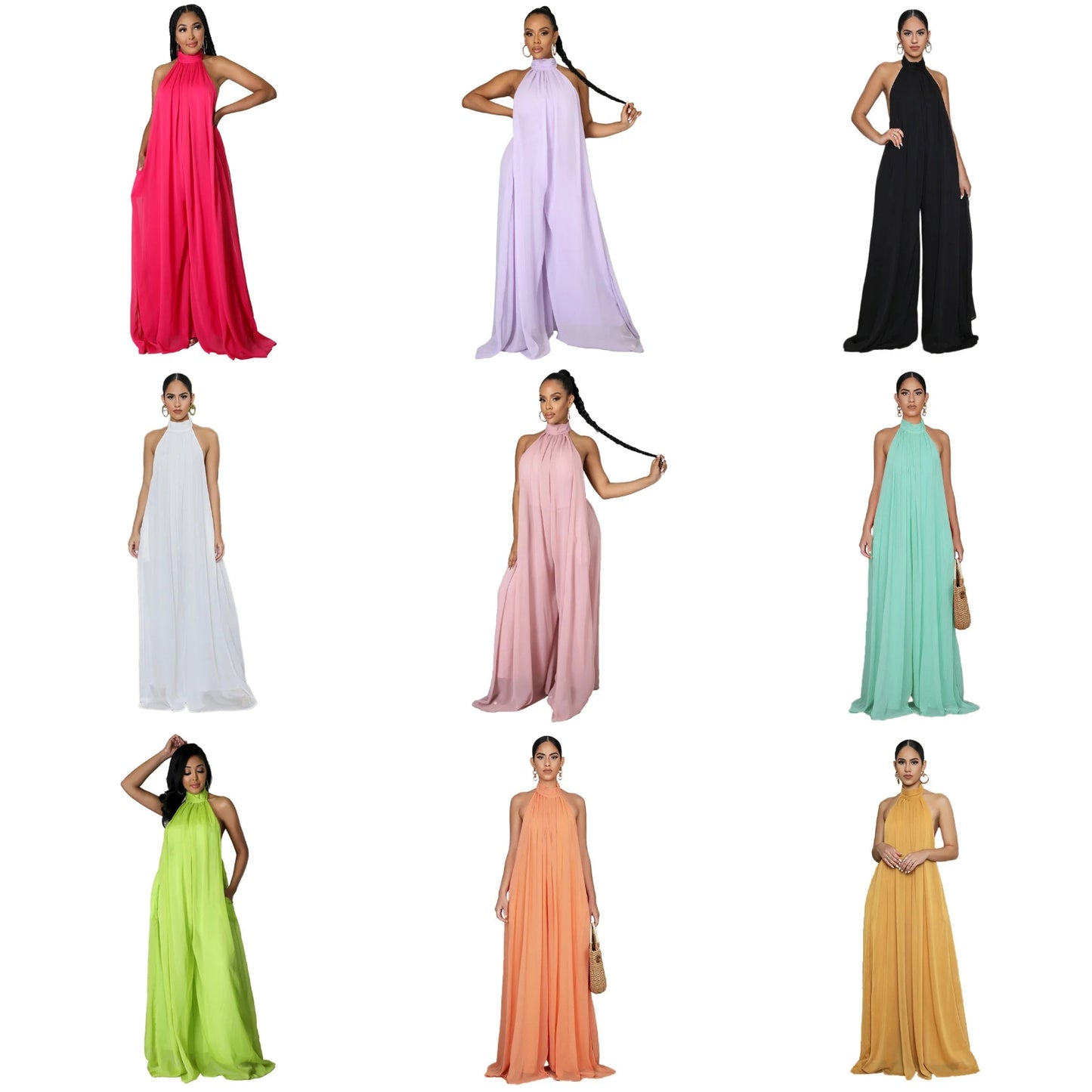 Chiffon Halter Backless Loose Solid Color Sleeveless Women's Wide Leg Jumpsuit