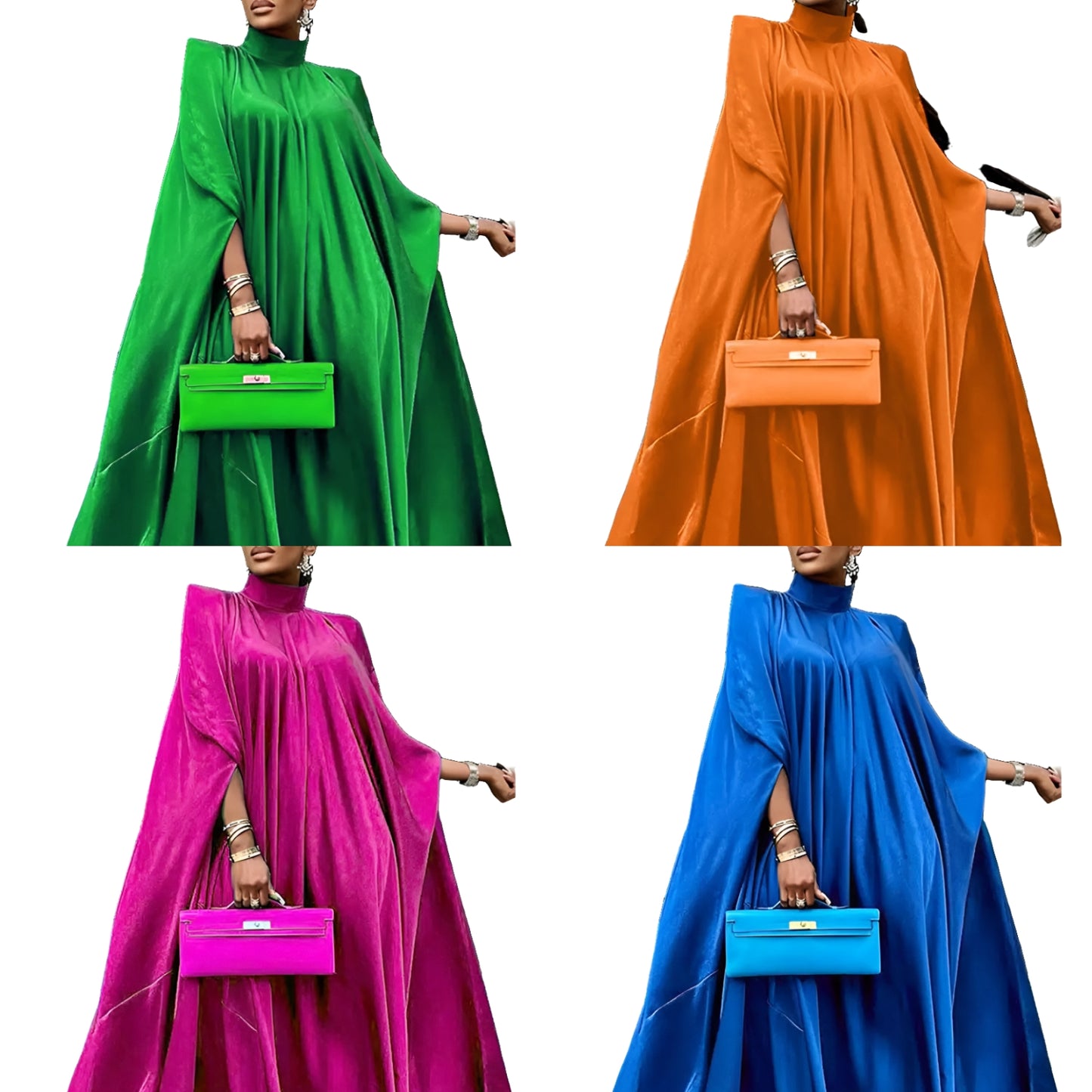 Satin Oversized Solid Pleated Stand Collar Long Batwing Sleeve Formal Maxi Dress to 5X Plus Size