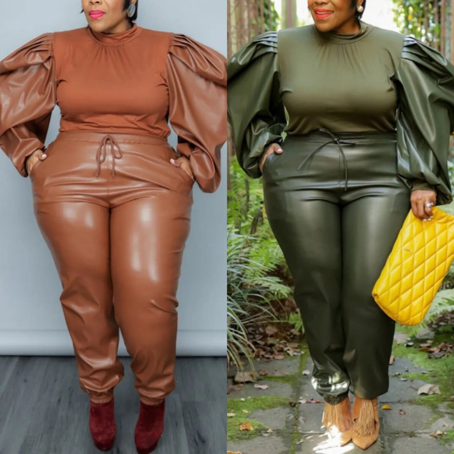 Faux Leather Women's Long Puff Balloon Sleeve Top + Drawstring Pants 2-Piece Set to 5X Plus Size