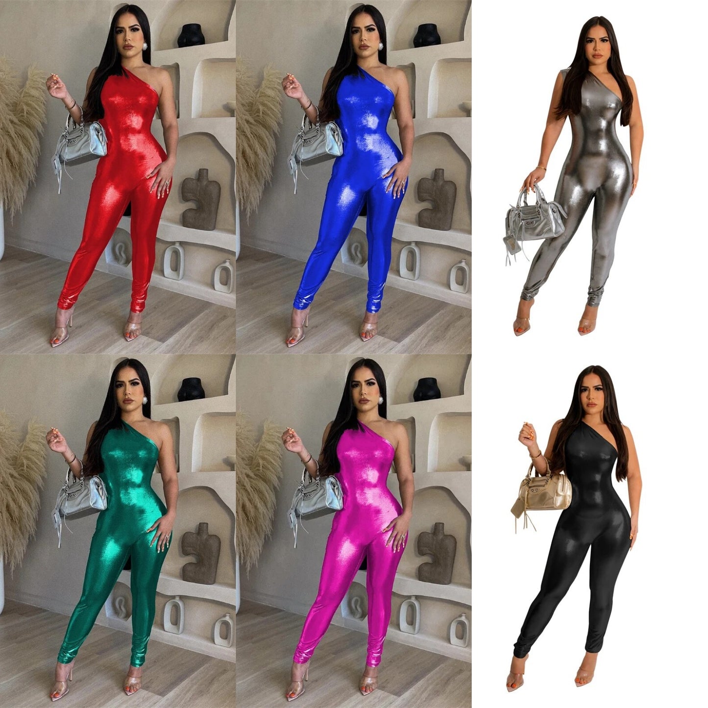 Metallic Faux Leather Solid Color Asymmetrical One Shoulder Sleeveless Skinny Jumpsuit