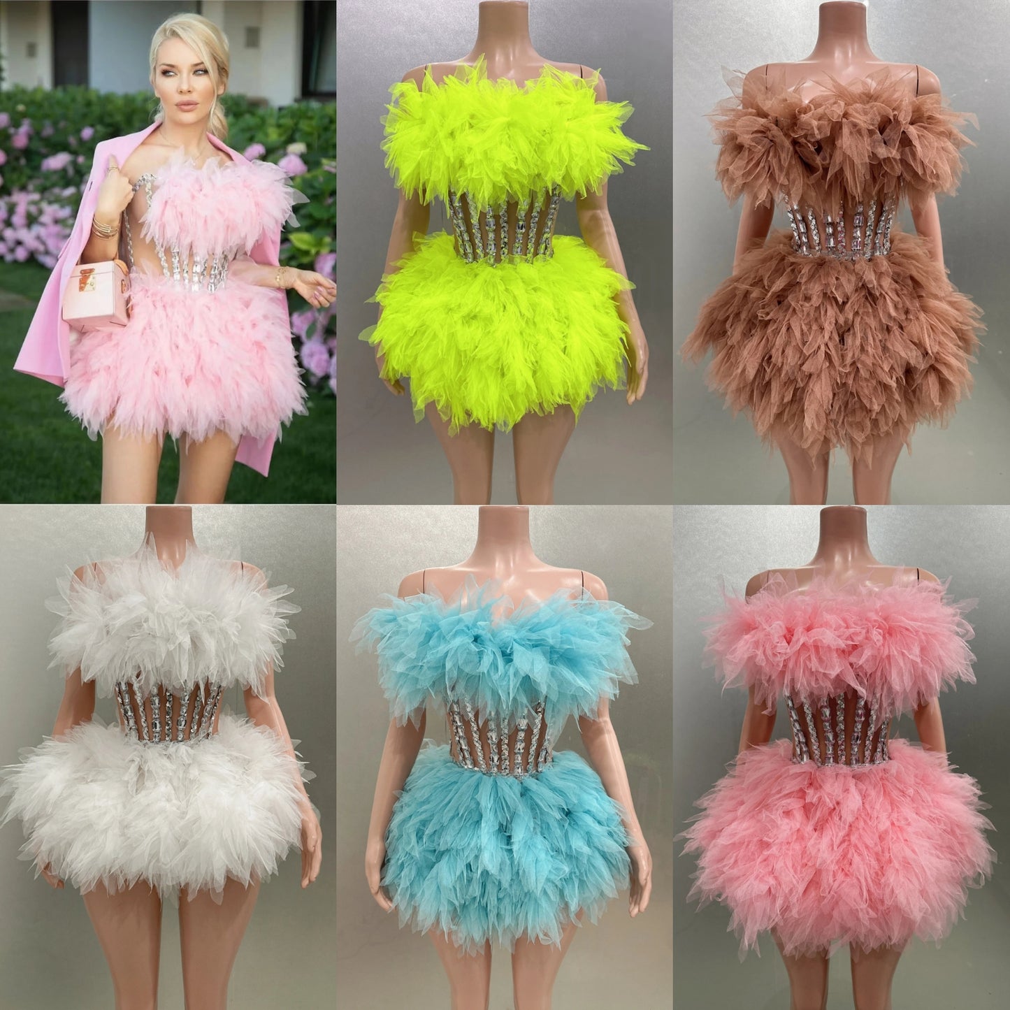 Feather Faux Fur Ruffled Strapless Silver Metallic Corset Mesh Mini Formal Ball Gown/Party/Prom Dress