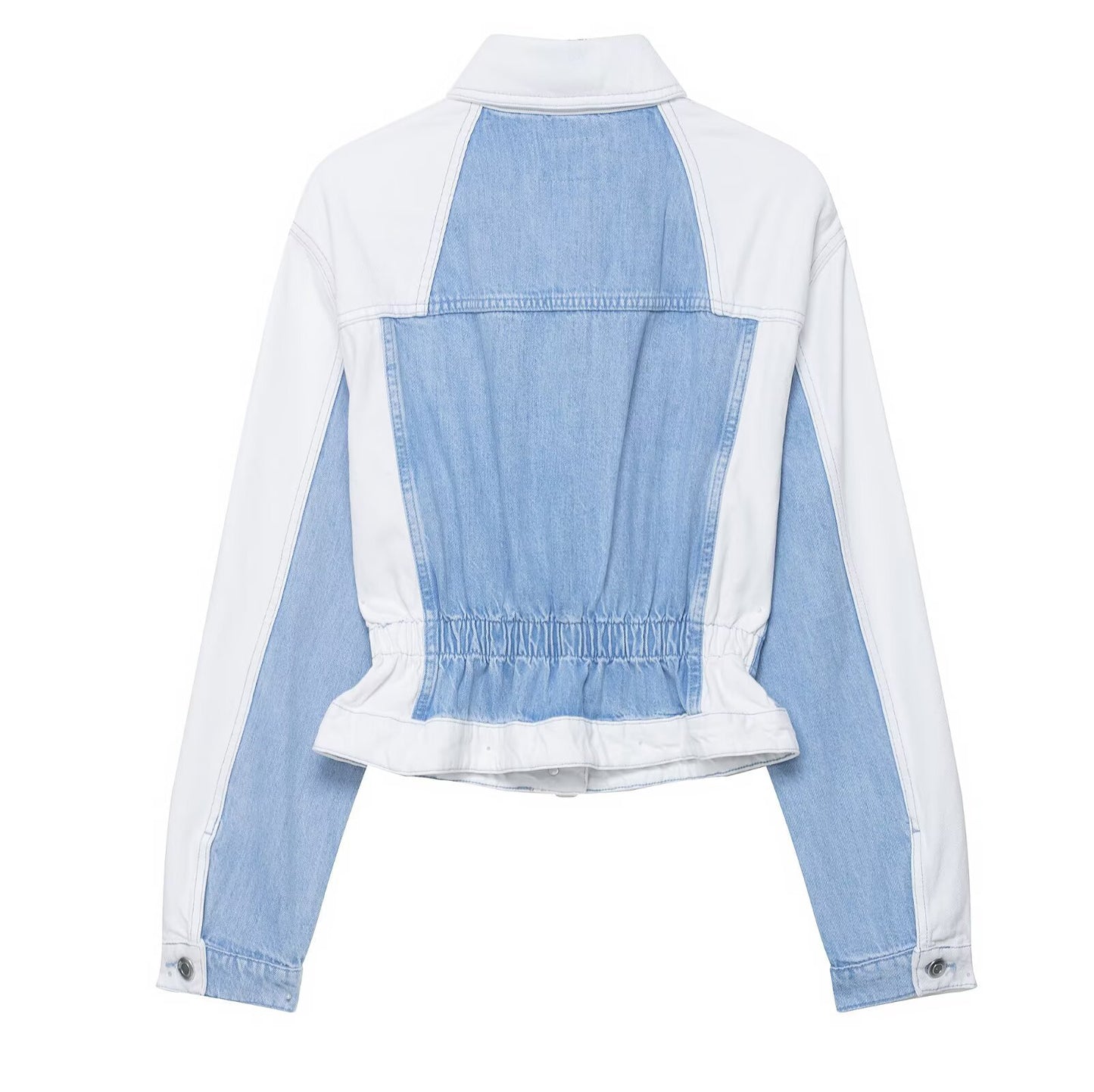 Denim Blue/White Women's Patchwork Double Pocket Design Cropped Jean Jacket + Colorblock Mid-Waist Straight Jeans 2-Piece Set-SOLD AS SEPARATES