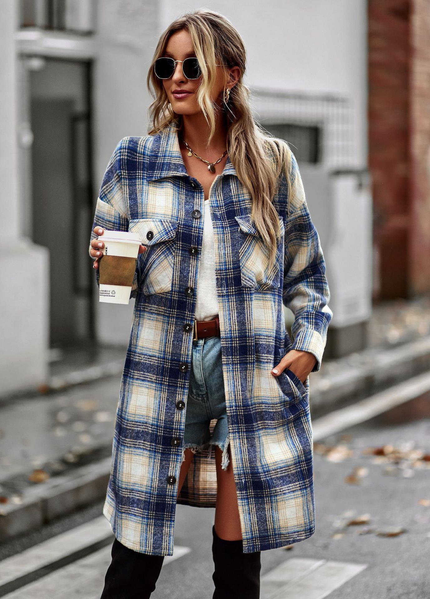 Plaid Print Turn-Down Collar Long Sleeve Women's Shacket