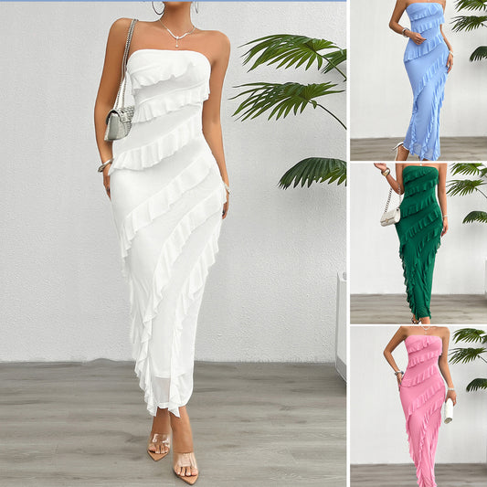Sleeveless Tassel Fringe Detail Solid Color High Slit Tube Maxi Dress