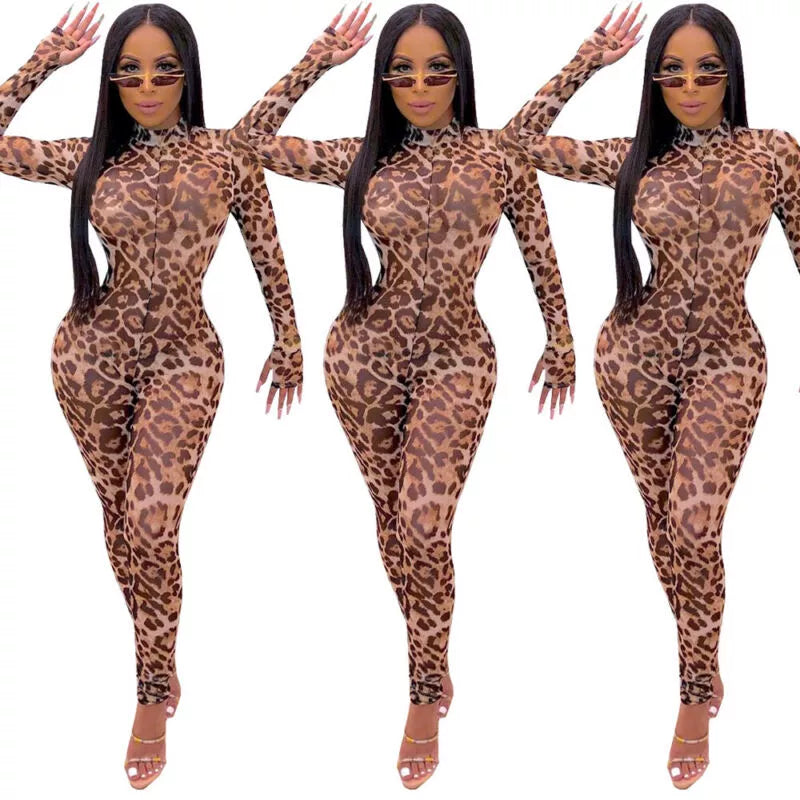 Leopard Print Transparent Sheer Mesh Turtleneck Long Sleeve Jumpsuit