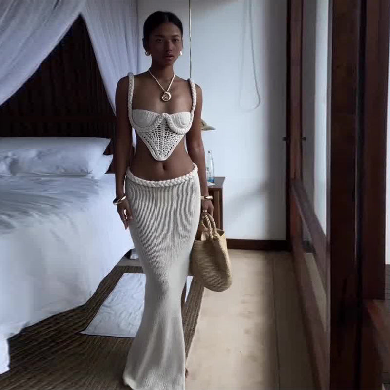 Crochet Knitted Women's Square Collar Cami Hollow-Out Spaghetti Strap Tube Top + Low Waist Bodycon Maxi Skirt Set