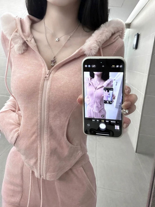 Faux Fur Trim Soft Pink Skinny Crop Zipper Hoodie Jacket + Bell-Bottom Sweatpants Women's Tracksuit