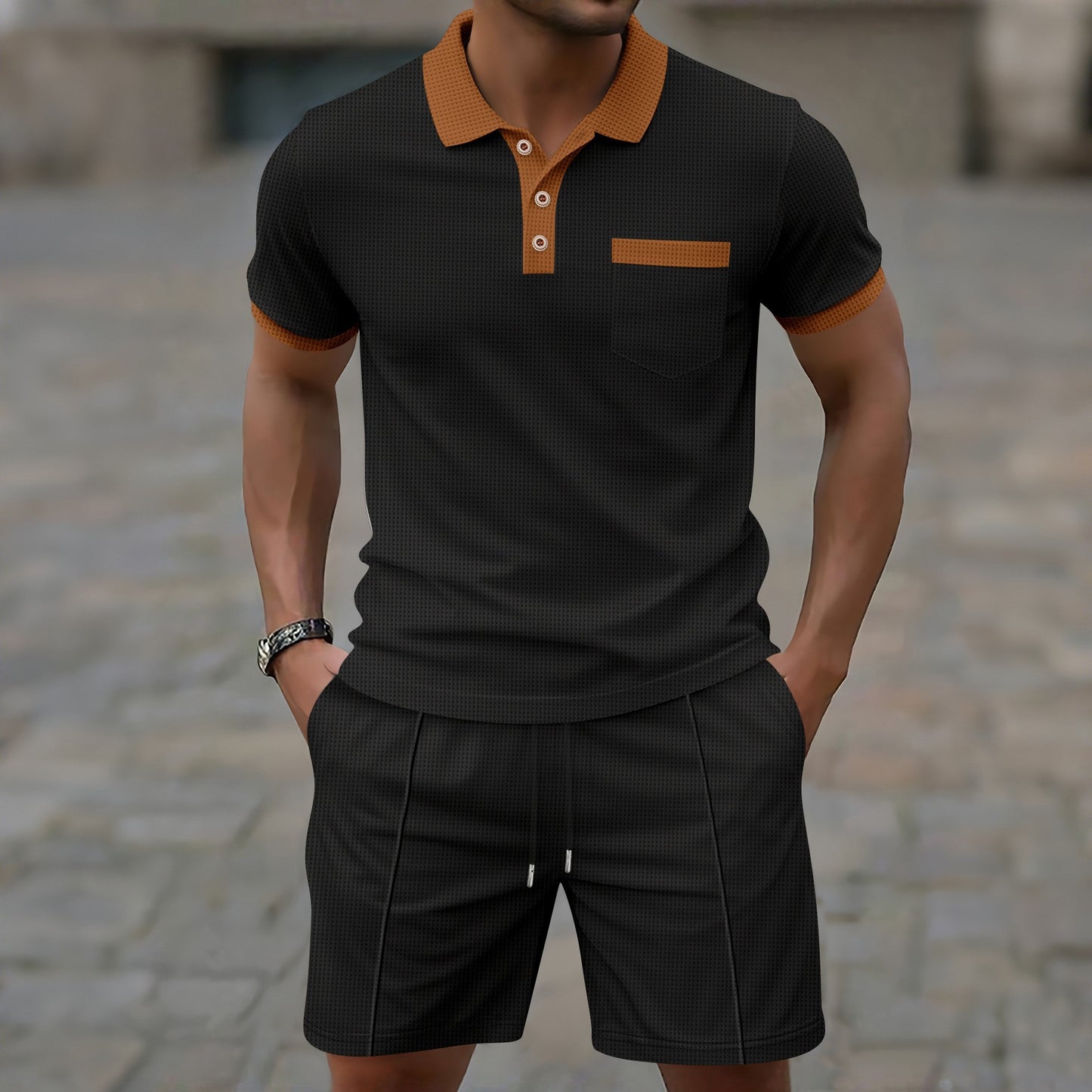 Men's Colorblock Waffle Pattern Turn-Down Collar Polo Shirt + Drawstring Shorts 2-Piece Set