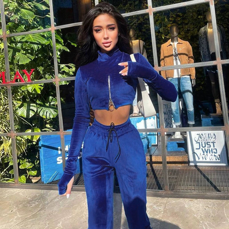 Reverse Zipper Women's Long Sleeve Crop Pullover Jacket + Drawstring Sweatpants Tracksuit