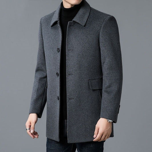 Men's Turn-Down Collar Mid-Length Double-Sided Lapel Wool Pea Coat