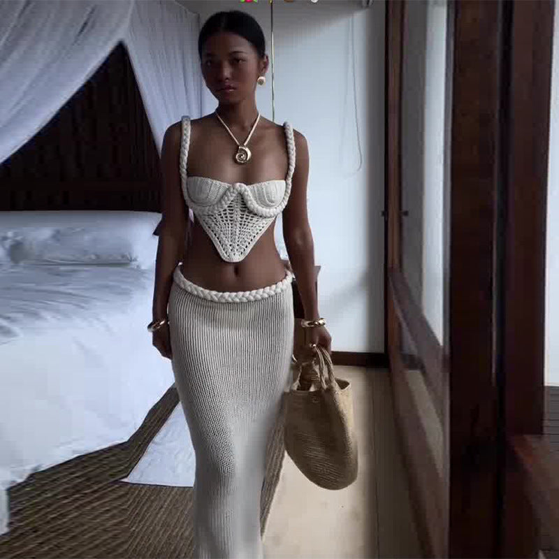 Crochet Knitted Women's Square Collar Cami Hollow-Out Spaghetti Strap Tube Top + Low Waist Bodycon Maxi Skirt Set