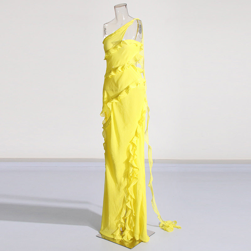 Yellow Asymmetrical One Shoulder Layered Ruffled Sleeveless Patchwork Slit Formal Maxi Dress