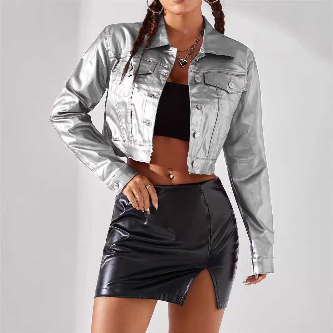 Metallic Colored Women's Streetwear Coated Jean Jacket