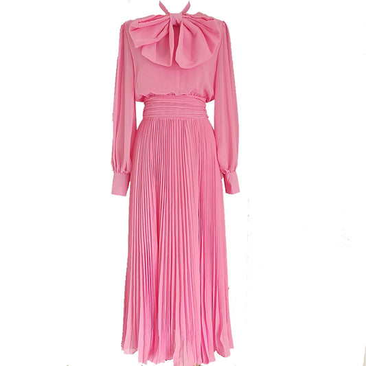 Pink Bowtie Neck French Style Slim Long Sleeve Pleated Skirt Dress