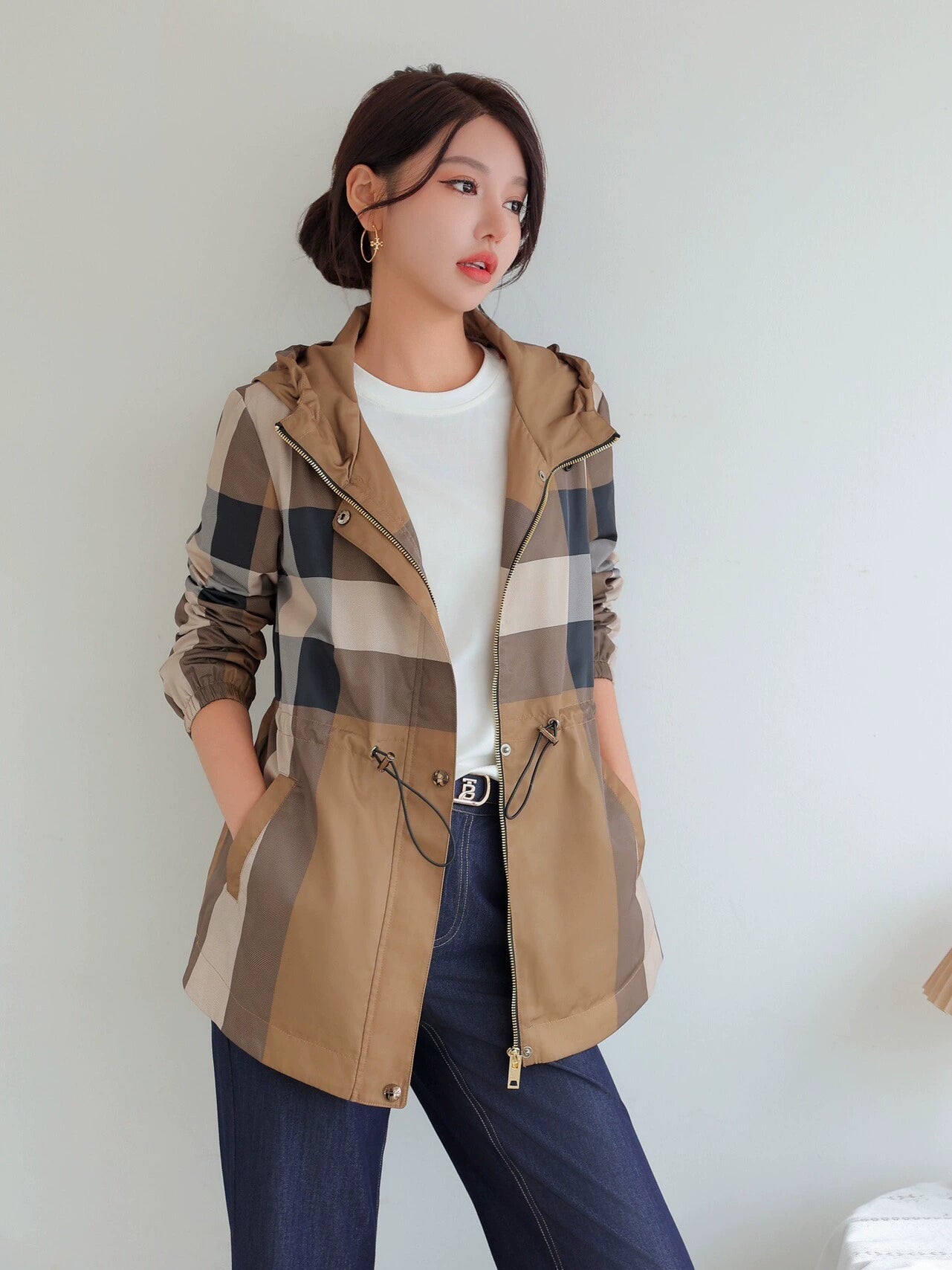 British Plaid Women's Drawstring Midi Length Length Hoodie Coat