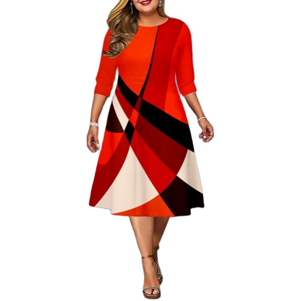 Colorblock Abstract Geometric Temperament A-Line Bodycon Dress to 5X Plus Size