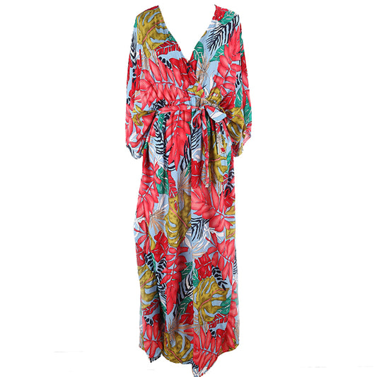 Leaf Print V-Neck Long Sleeve Maxi Dress