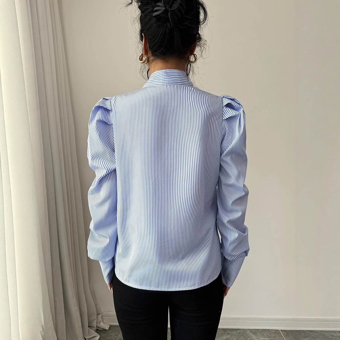 Baby Blue Oversized Pinstriped Bowtie Collar Long Balloon Sleeve Women's Blouse