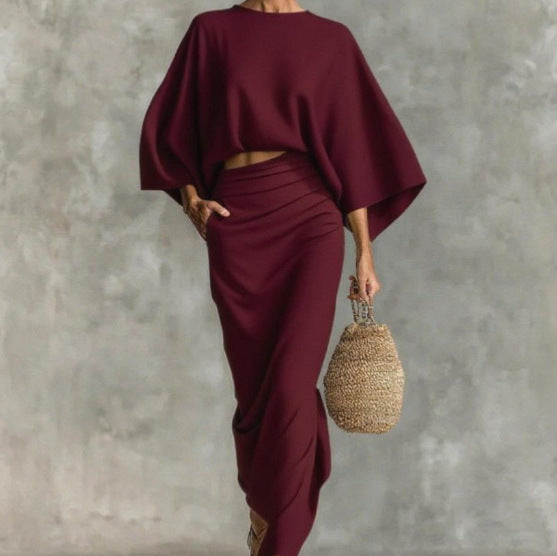 Wide Sleeve Solid Color Loose Women's Top + Ruched Maxi Skirt 2-Piece Set to 3X Plus Size