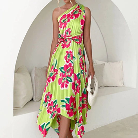 Satin Pleated Floral/Solid Asymmetrical One Shoulder Oblique Collar Maxi Dress w/ Sash Belt