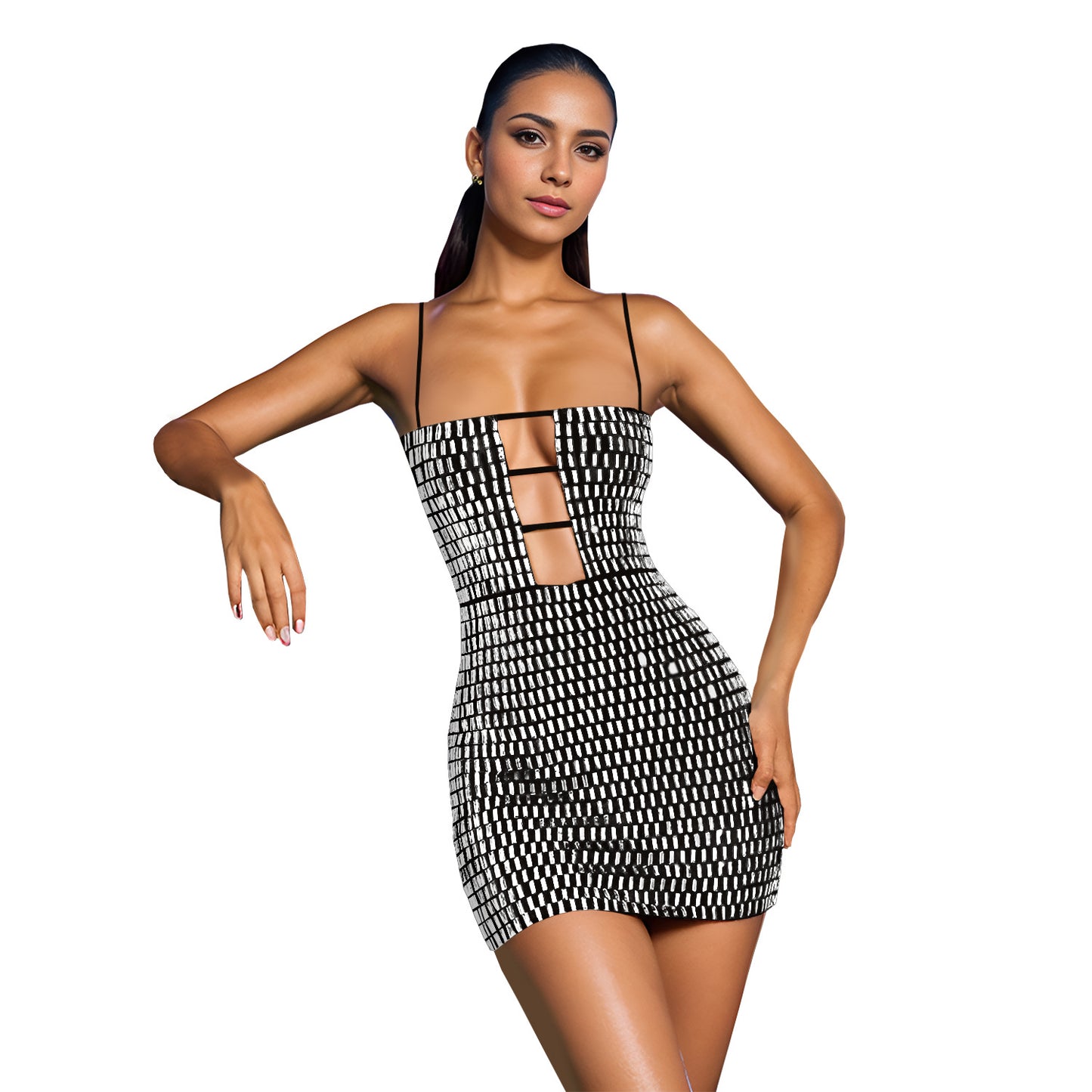Shiny Geometric Rhinestone Hollow-Out Spaghetti Strap Formal Mini Dress