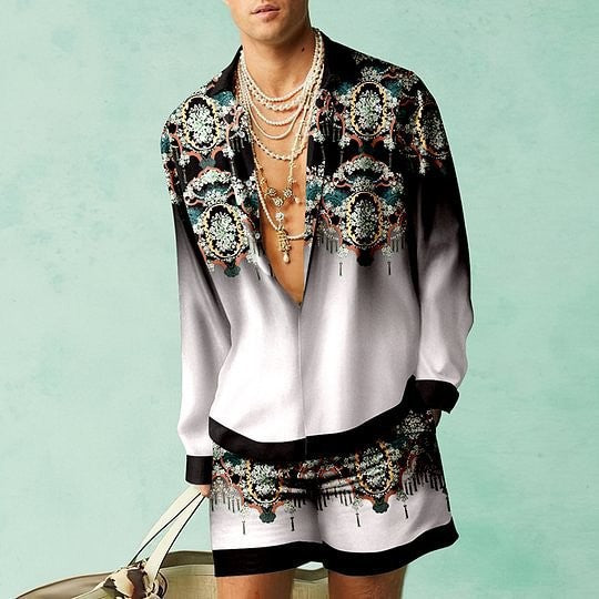 Men's Open V-Neck Floral/Baroque/African/Music Note 3D Printed Long Sleeve Shirt + Shorts 2-Piece Summer Set