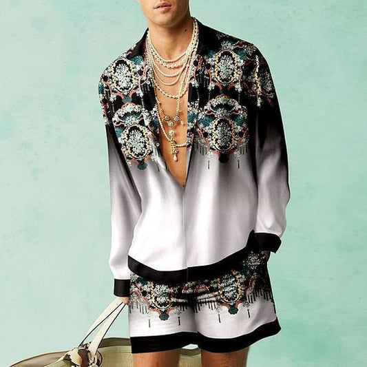 Men's Open V-Neck Floral/Baroque/African/Music Note 3D Printed Long Sleeve Shirt + Shorts 2-Piece Summer Set