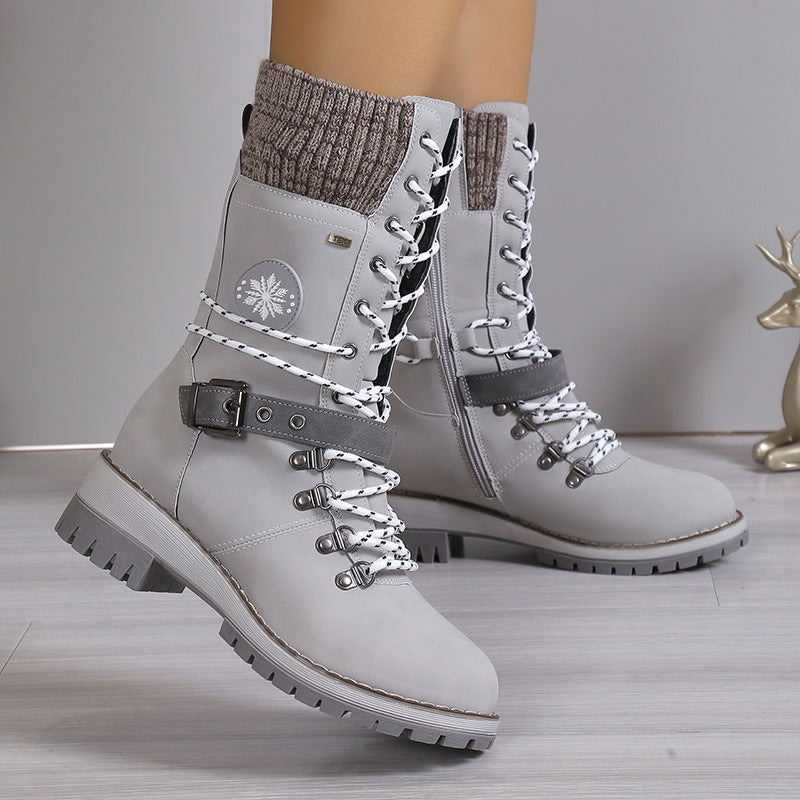 Women's Belt Strap Design Lace Up  Snowboots