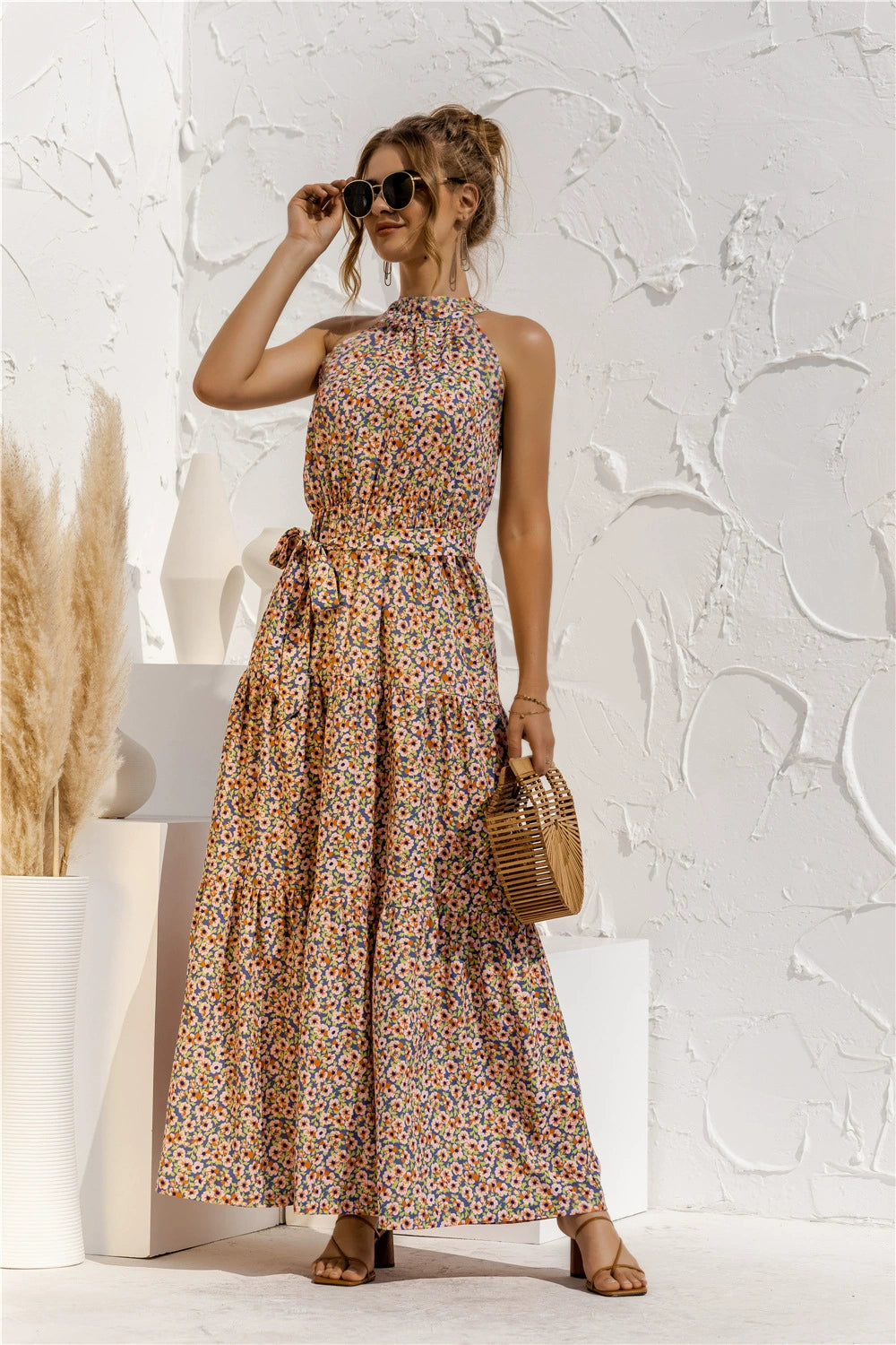 Floral/Polka Dot Halter Beach Maxi Dress