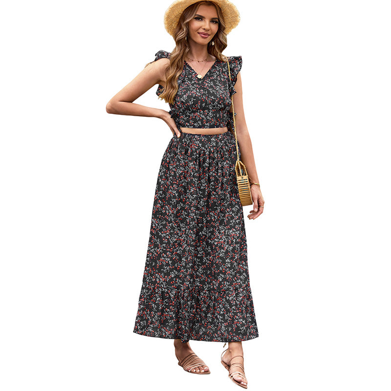 Lotus Leaf Print Crop V-Neck Top + Ruffled Hem Maxi Skirt Two-Piece Set